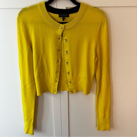 Rag & Bone Women’s Yellow Cardigan Faux Pearl Buttons Sweater Size Medium - Picture 4 of 14